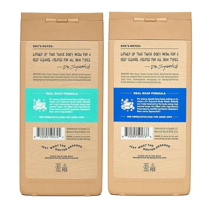 Dr. Squatch Natural Men's Body Wash Shower Gel - Cleansing, Nourishing, Long Lasting Scent, Moisturizing Body Wash for Men - Fresh Falls + Coconut Castaway (14 oz, 2-Pack)