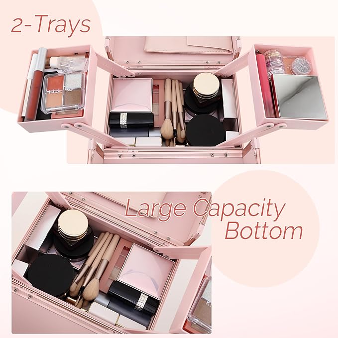 Makeup Train Case 2 Trays Makeup Box Organizer Portable Travel Makeup Case Lockable Makeup Storage Organizer Cosmetic Box for Jewelry Nail Tech Brushes Accessories Tool, Pink