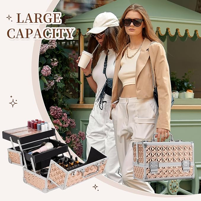 Leeora&Leekoo Makeup Train Case with Lighted Mirror,Portable Makeup Box Organizer (Rose Gold)