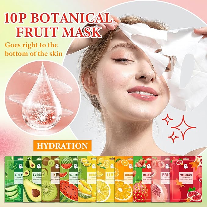 10 Pack Variety Facial Sheet Masks Skin Care Set, Hydrating Bulk Sheet Face Masks Skincare Gifts Set for Women Men, Long Lasting Moisturizing Face Mask Skincare for All Skin Type（A10)