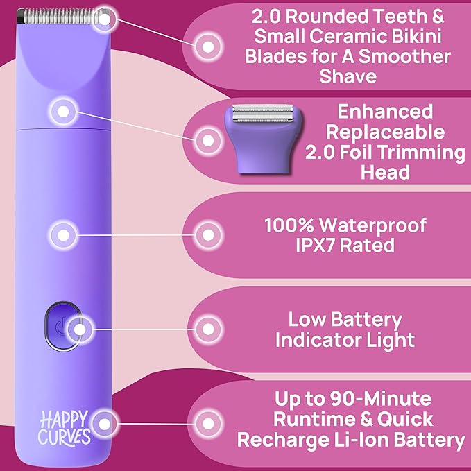 HAPPY CURVES Smoothie 2.0 Bikini Trimmer - Electric Razor for Women, Waterproof Hair Groomer with Adjustable Guards, Personal Shaver for Pubic Hair, Ladies Intimate Shaver and Body Trimmer (Guava)