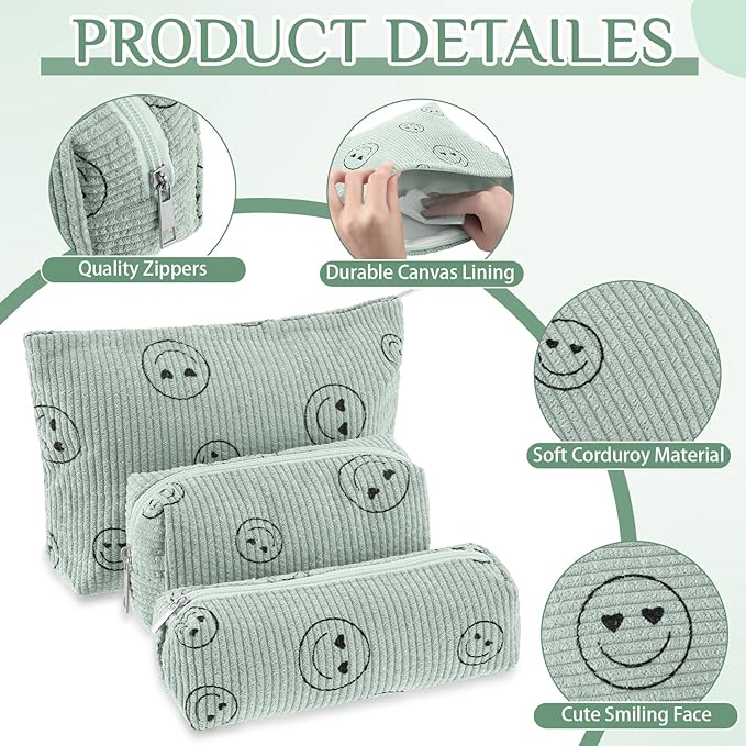 3 Pcs Makeup Bag Set for Women Corduroy Cosmetic Pouch Aesthetic Smile Travel Toiletry Bag Cute Purse Pouch Pencil Case Makeup Brushes Storage Organizer with Zipper(Green,Smile Face)