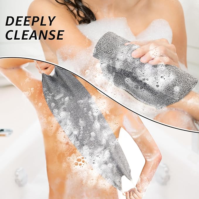 Extended Exfoliating Back Scrubber with Handles, Nylon Cleaning Exfoliator Washcloth for Body, Stretchable Pull Strap Soft Quick-Drying Rough Scrub Towel, Grey