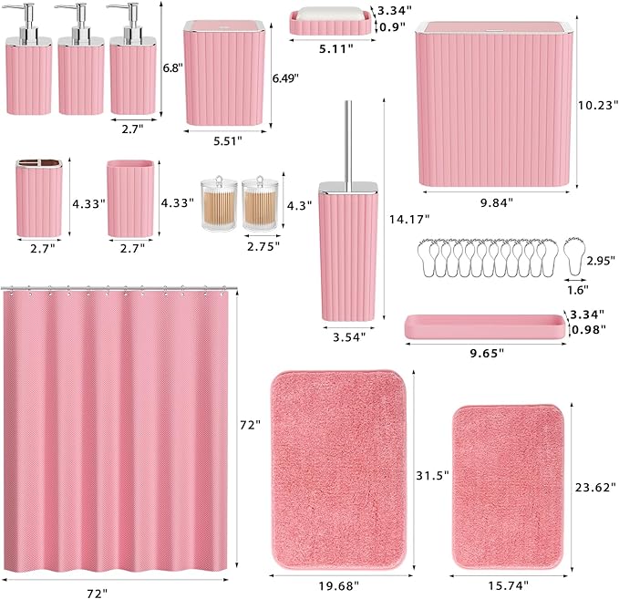 Bathroom Accessory Set - Bathroom Set, 27PC Bathroom Accessories Set, Pink Bathroom Sets with Shower Curtain and Rugs, Mini Trash Can, Toilet Brush, Trash Can & Soap Dispenser