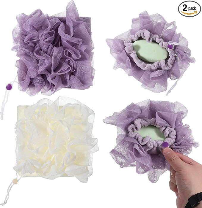 2 Pcs 2 in 1 Loofah Washcloth Combo, Soap Bar Loofah, Exfoliating Shower Pouf with Bar Soap Pocket for Bathing, Cleansing and Smooth Skin (Beige, Purple)
