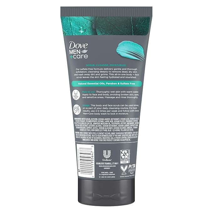 DOVE MEN + CARE Body and Face Scrub Eucalyptus Deeply Exfoliates for Hydrated & Nourished Skin 100% Gentle Cleanser, No Sulfate Cleansers or Parabens 9 oz (Pack of 4)