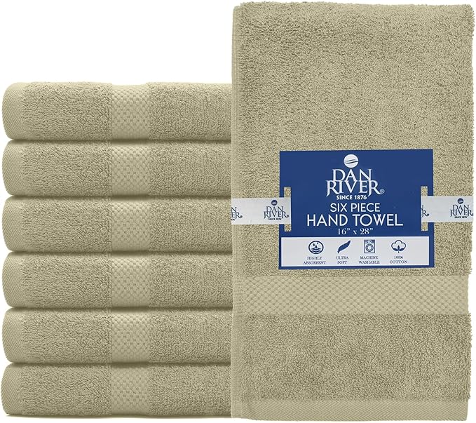 DAN RIVER 6-Pack Premium Hand Towels (16x28 Inches) - 100% Cotton, Ultra Soft, Lightweight, Highly Absorbent Towels for Bathroom, Spa, Gym, Salon, Hotel, and Travel - Beige