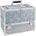 Joligrace Makeup Train Case Large 6 Tray Professional Organizer Box - Cosmetic Make Up Carrier with Lock & Key Carrying Strap for Studio Artist & Stylist Silver - Holographic Iridescent Style