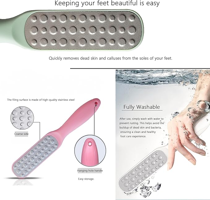 Dual-Sided Professional Pedicure Foot File - Stainless Steel Callus Remover for Hard Skin, Dry and Wet Use, Home or Salon Care, 2 Pack (Green & Pink)