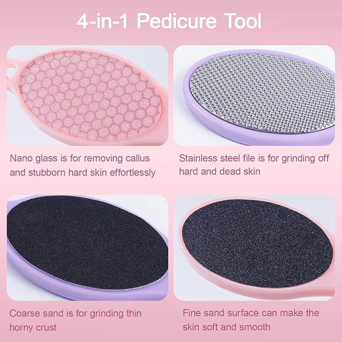 4-in-1 Nano Glass Foot Callus Remover, Professional Foot File (Glass, Rasp & Sand Paper), Durable Foot Scrubber Pedicure Tools for Hard Dead Skin Remover, Soft Smooth Feet, 2 Pcs Pink Purple