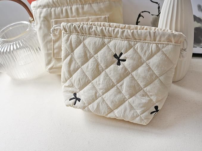 HAPPYHEIDI Quilted Nylon Drawstring Makeup Bag Set 2 Compartment Cosmetic Toiletry Travel Pouch, Purse Organizer, Creamy White Embroidery Bow