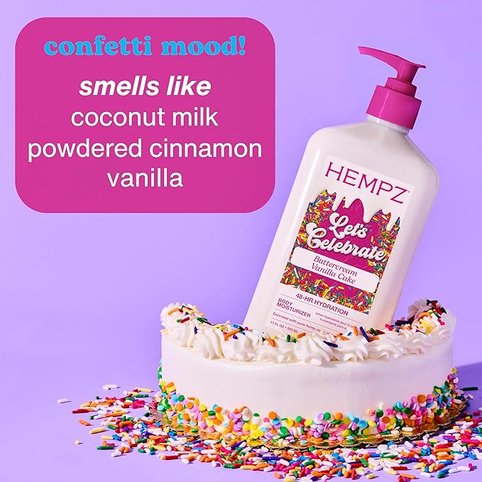 Hempz Body Lotion - Buttercream Vanilla Cake Celebration Limited Edition Daily Moisturizing Cream, Shea Butter, Aloe - Skin Care Products - Travel Size, 2.25 Oz