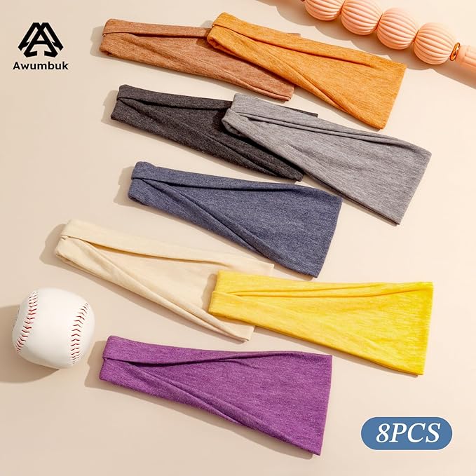 Headbands for Women, 8 Pack Non-Slip Moisture Wicking Sports Wide Head Bands, Stretchy Elastic Fabric, Multiple Colors Securing Hair for Fashion, Sports, Yoga, Running, Daily Life