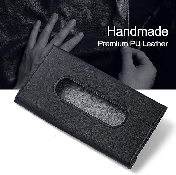 Car Tissue Holder, Upgraded Version Hanging Tissue Holder in Car, Premium PU Leather Cars Napkin Holder for Universal Auto, Easy to Use (Black)
