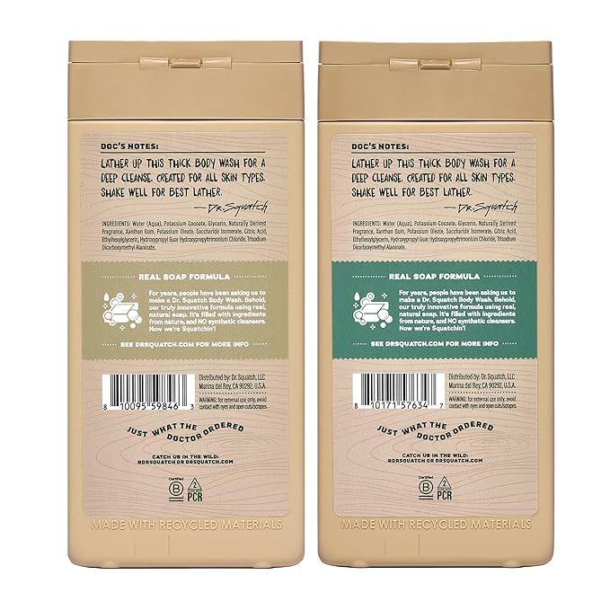 Dr. Squatch Natural Men's Body Wash Shower Gel - Cleansing, Nourishing, Long Lasting Scent, Moisturizing Body Wash for Men - Birchwood Breeze + Rainforest Rapids (14 oz, 2-Pack)