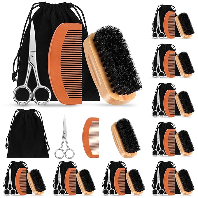 Maitys 10 Sets Beard Brush and Comb Set Bulk Boar Bristle Beard Brush Comb Scissors Kit Gifts for Men Father Colleague Employee Appreciation(Rectangle)