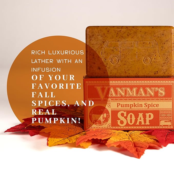 VanMan Pumpkin Spice Body Soap - Grass Fed Finished Suet Beef Tallow & Pumpkin Puree - Nourishing, Hydrating & Moisturizing Natural Bar Soap with Essential Oils - Autumn Scent - 3.8 oz Bar (5 Pack)
