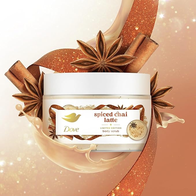 Dove Exfoliating Body Scrub – Spiced Chai Latte, Deeply Nourishing Exfoliant with ¼ Moisturizing Cream, 10.5 oz