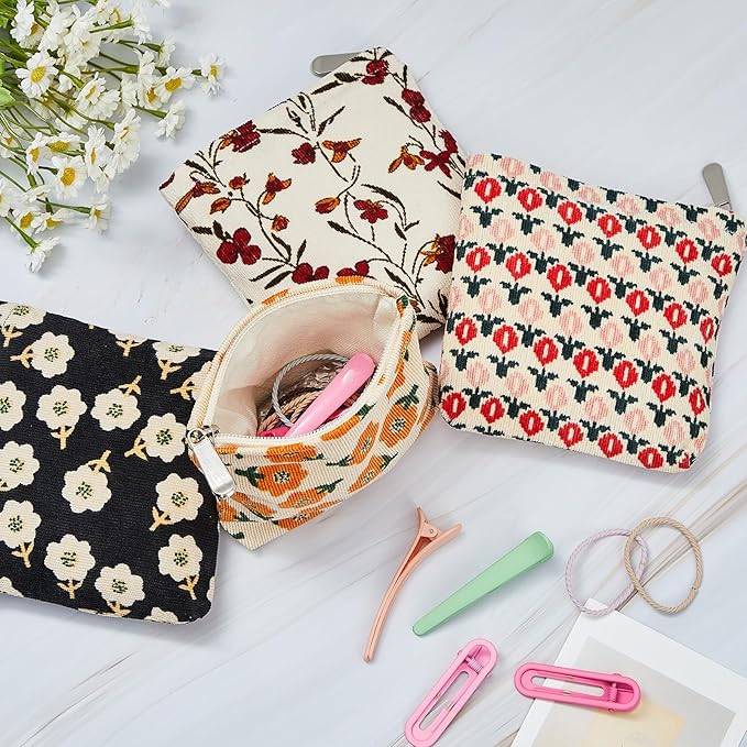Abbylike 4 Pcs Small Makeup Bag Corduroy Cosmetic Pouch with Zipper Portable Little Bags for Purse Mini Pouch Cute Makeup Purse for Coin Essentials Items Women(Classic)