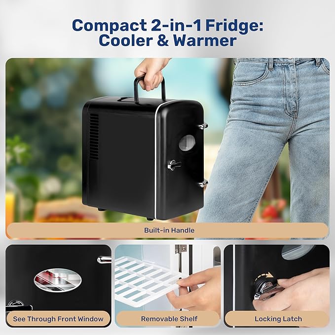 YSSOA Mini Fridge with Observation Window 4-Liter Six 12 oz Cans Portable Warmer & Cooler Compact Refrigerator, 100% Eco Friendly and Freon-Free, 4L with window, Black