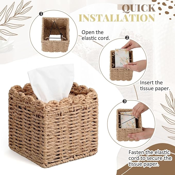 Chengu Scallop Tissue Box Cover, 5.9 Inch Paper Rope Rattan Square Boho Decorative, Woven Facial Tissue Holder, Creative Desktop Storage Ornament for Living Room, Bathroom, Toilet and Study