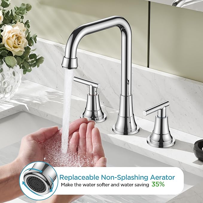 FORIOUS Widespread Bathroom Faucets Polished Chrome, 3 Hole Faucet for Bathroom Sink with Pop Up Drain for 8 Inch Vanity RV Camper Lavatory Sink