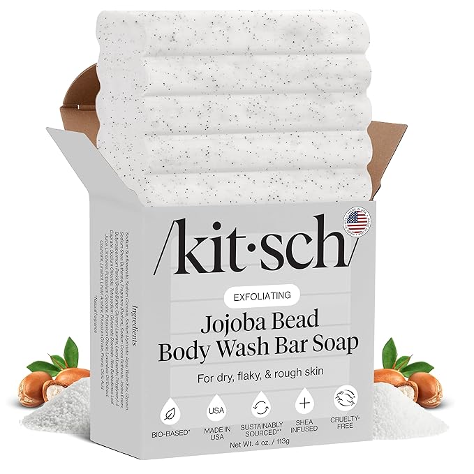 Kitsch Jojoba Beads Exfoliating Body Wash Bar – Nourishing Bar Soap with Shea Butter & Aloe for Dry, Flaky Skin – Soap bar & Body Scrub for Smooth, Refreshed Skin – Rosemary & Cedarwood Scent - 4 oz
