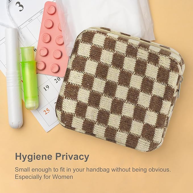 Sanitary Napkin Storage Bag, Menstrual Pad Zipper Bag Checkered Portable Period Bag Panty Liners, Tampon Storage Pouch for Women Ladies Daily Use Storage Purse Travel