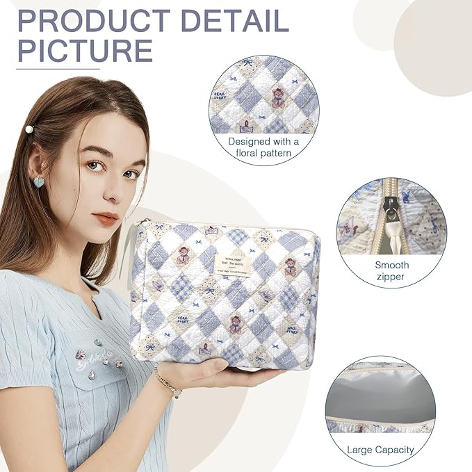 2PC Makeup Bag Set, Cute Cosmetic Bag for Women Girls, Floral Coquette Aesthetic Toiletry Bag, Travel Make Up Organizer Bag (Argyle Bear)