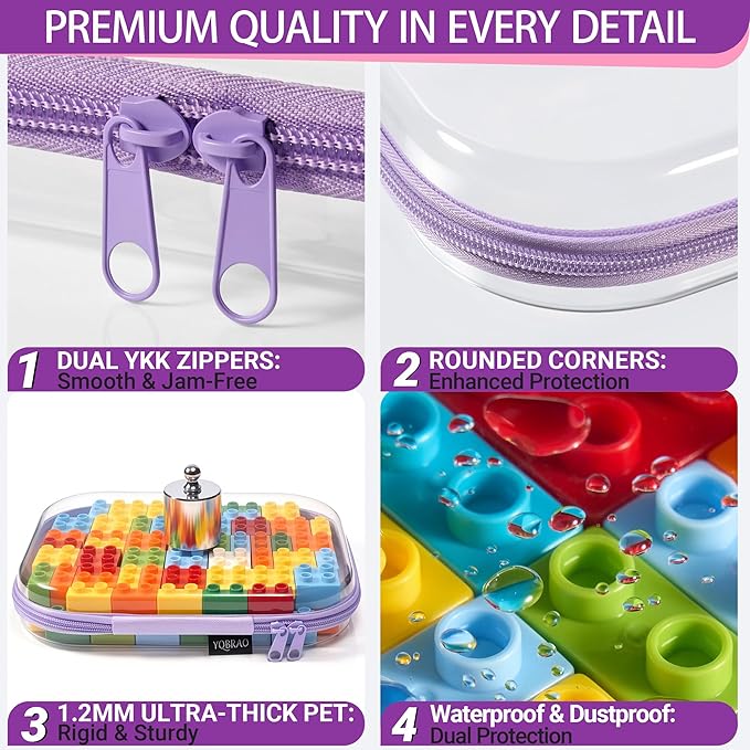 YQBRA 4 Pack Clear Hard Shell Zipper Case, See-Through Hard Plastic Organizer Pouches with Zipper for Travel, Toiletries, Makeup, Electronics & Pencils - Crush-Resistant Storage (S Purple)