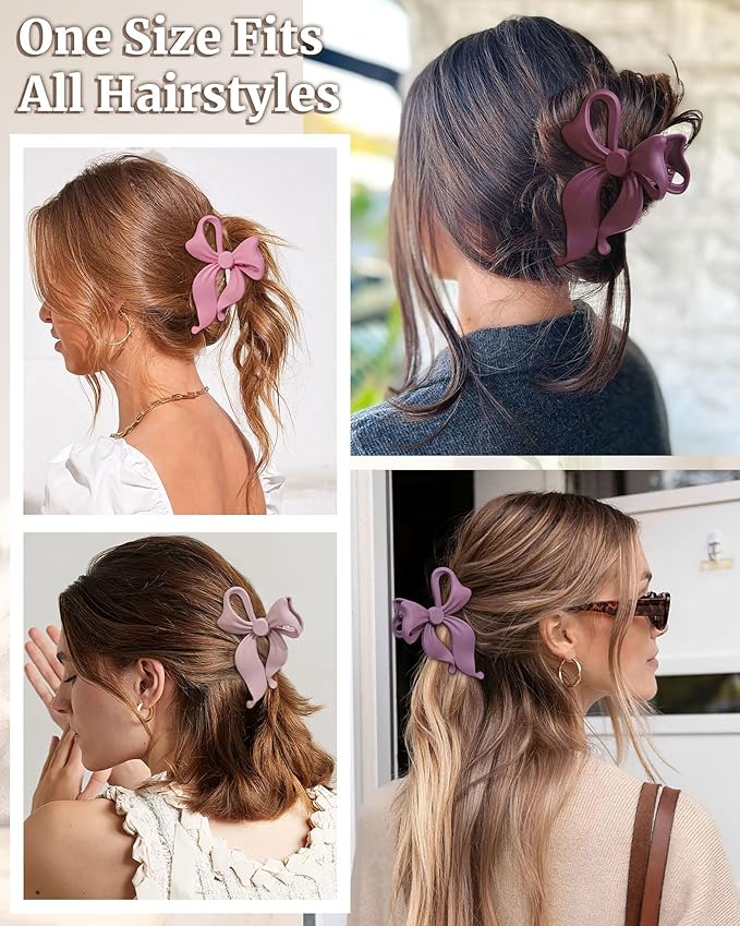 Mesovor 4 pack Cute Bow Claw Clip for Women, Nonslip Large Matte Strong Hold Bows Hair Clips for Thin and Thick Hair | Chic Hair Styling Accessories (Matte Pink, Matte Purple)