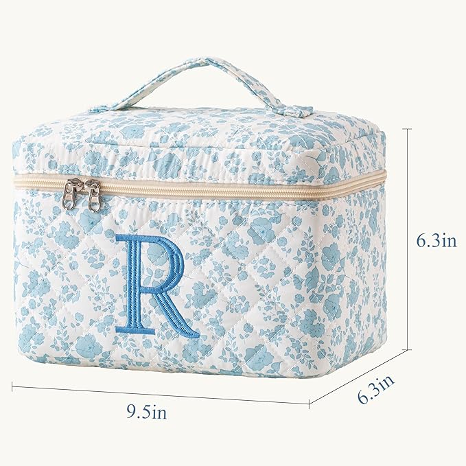 HBselect Initial Quilted Makeup Bag, Cotton Large Travel Makeup Bag, Cute Floral Coquette Make up Bag Cosmetic Bag Toiletry Bag for Women Girls R