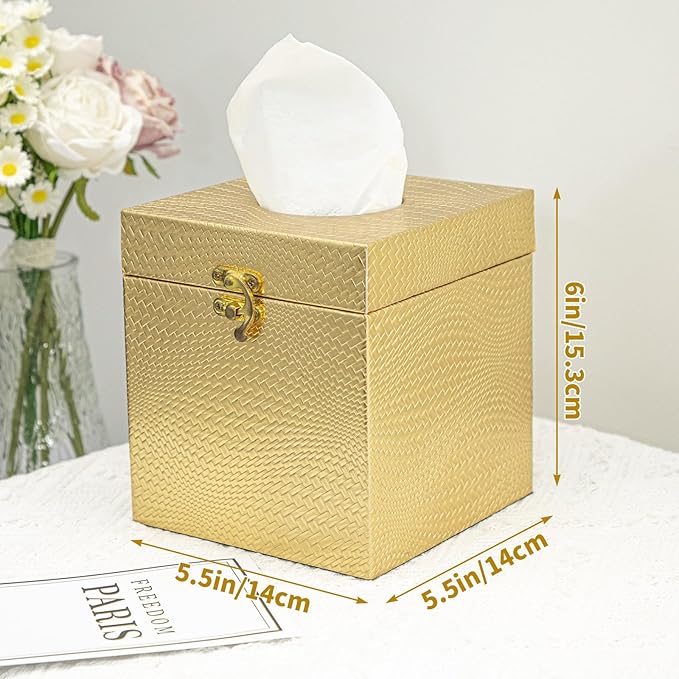 Gold Tissue Box Cover, Elegant Square Tissue Box Holder for Bathroom, Bedroom, and Office, Modern Decorative Tissue Box for Home Décor