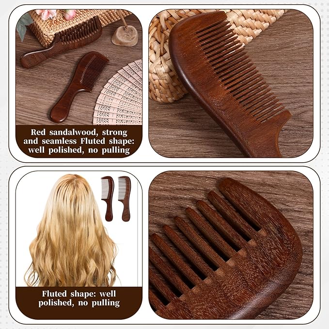 2 Pcs Sandalwood Comb Set Handmade Wide Tooth Comb and Fine Tooth Comb Wooden Comb Anti-Static Wood Comb Green Sandalwood Detangling Comb Hair Combs for Women Men