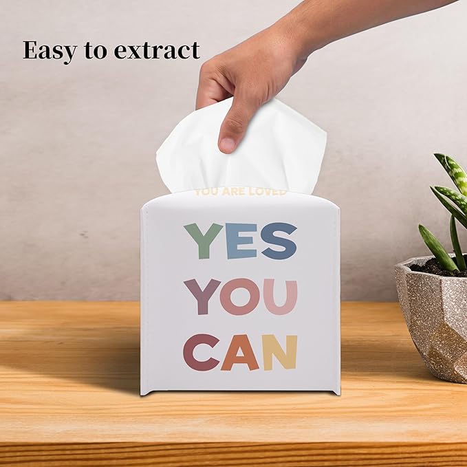 Grace Yonks Cute Motivational Tissue Box Cover Square, Cube Case for Facial Tissues, 5.2" PU Leather(077)