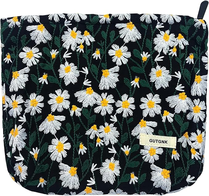 GUTGNK Corduroy Ladies Cosmetic Bag, Large Capacity Canvas Cosmetic Bag Travel Toiletry Bag Accessories Organizer, Black Chrysanthemum