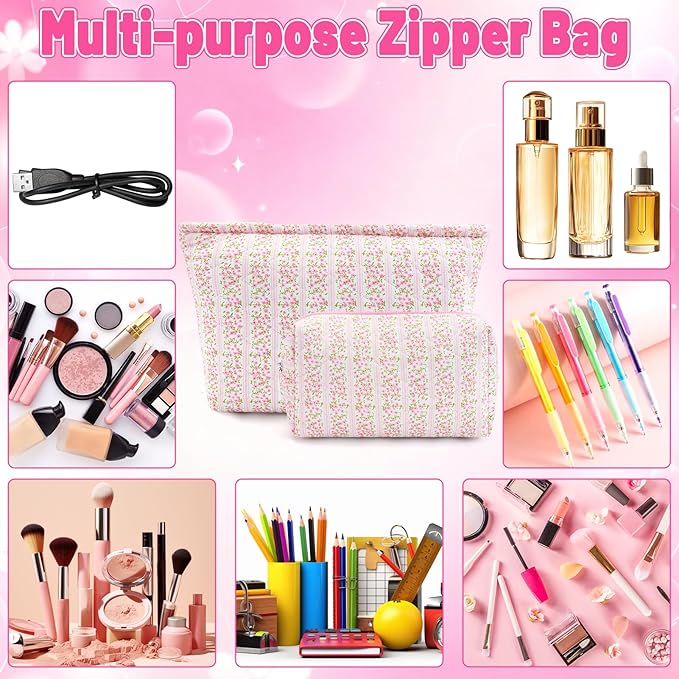 2Pcs Small Makeup Bag Quilted Cosmetic Bag Flower Pencil Case Travel Makeup Bag Set for Women Cute Cosmetic Pouch Aesthetic Cotton Toiletry Organizer Storage Bags Puffy Zipper Pouch Christmas Gifts C