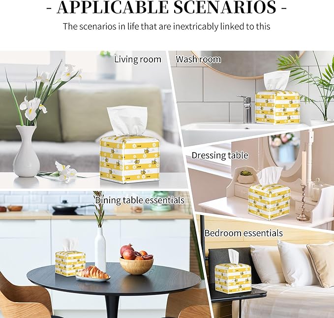 Cute Bees and Daisy Flowers Tissue Box Cover Square,Yellow Bee Daisies Love Tissue Box Holder Waterproof Leather Facial Paper Organizer Dispenser for Bathroom Home Car Nightstand Vanity Desk