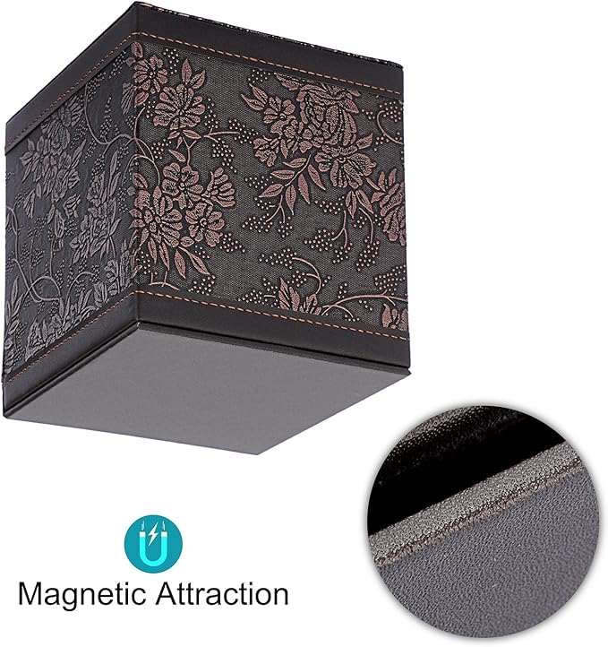 Sumnacon Square Leather Tissue Box Cover - Stylish Cube Tissue Box Holder with Magnetic Bottom, Decorative PU Tissue Box for Vanity Dresser Night Stand Table Countertop Home Office Car, Black Flower