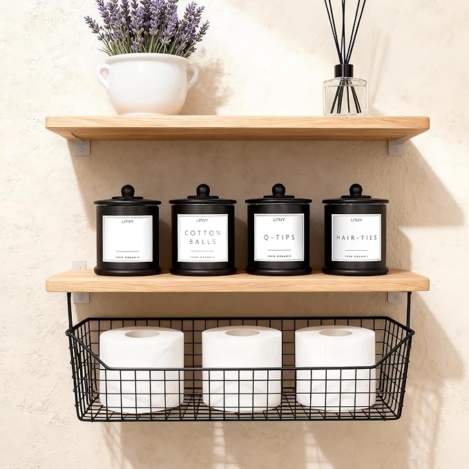 4 Pack Bathroom Organizers and Storage - 16 Oz Glass Qtip Holder & Cotton Pad Dispenser with Lid, Apothecary Jars for Home, Room Decor, Kitchen Organizer (Black)