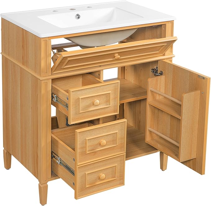 Harper & Bright Designs 30" Bathroom Vanity with Sink, Free Standing Single Basin Vanity Set with Tip-Out Drawer, 2 Drawers, and 2 Doors, Wood Bathroom Cabinet with Ceramic Basin for Bathroom, Wood