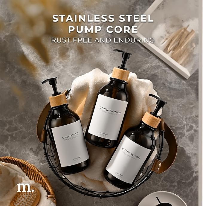 MaisoNovo Refillable Shampoo and Conditioner Bottles - 16.9 fl oz Set of 3 Amber Plastic Bottles Black Bamboo Pumps