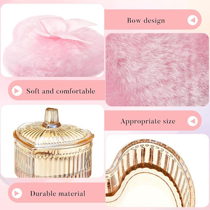Tioncy 3 Pcs Large Body Powder Puff and Container Valentine's Day gift Powder Container with Puff Crystal Case Soft Washable Reusable Velour Face Body Glitter Wet Dry Makeup(Hammered Heart,Amber)