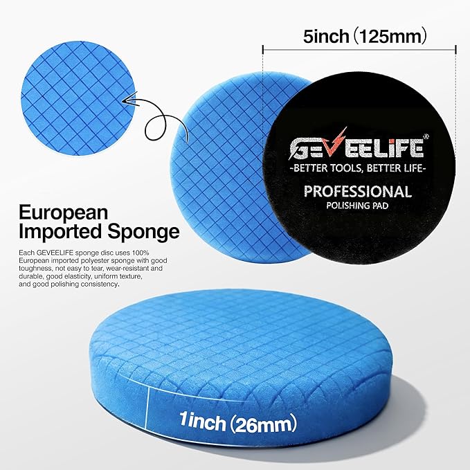 GEVEELIFE 9Pcs Buffing Polishing Pads Kit, 5 Inch Buffing Pads, Sponge & Woolen Pads with M14 Drill Adapter & Backing Plate for Car Care, Polishing, Washing, Cleaning, Waxing