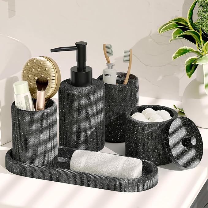 Clara Clark Bathroom Set - Coal Black Bathroom Accessories Set, 19PC Bathroom Accessory Set, Bathroom Sets with Shower Curtain Set, Soap Dispenser & Toothbrush Holder