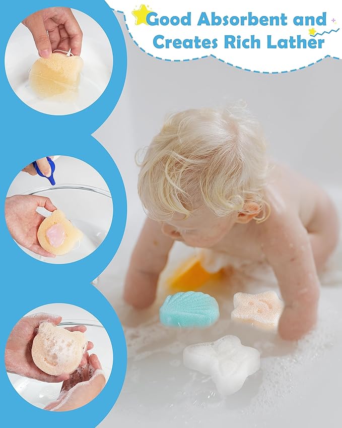 MoHern Konjac Baby Sponge for Bathing, 5Pcs Natural Cute Shapes, Kids Bath sponges for Infants, Toddler Bath time, Plant-Based, Extra Soft