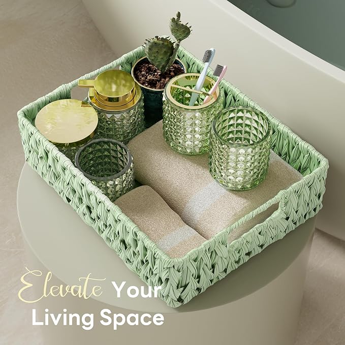 Bathroom Accessory Set with Plastic Wicker Basket,Glass Bathroom Accessories Set Green Bathroom Sets Bathroom Set, Diamond Soap Dispenser and Toothbrush Holder Set for Bathroom Decor