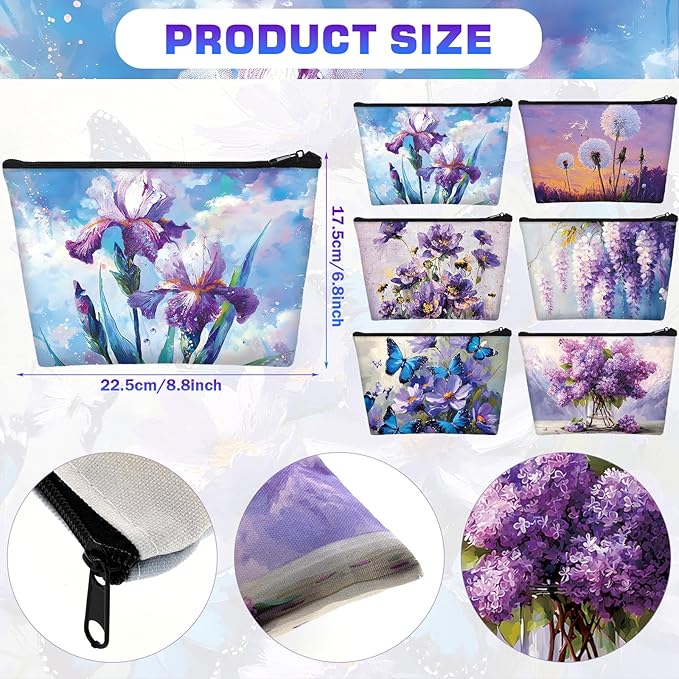 Sweetude 12 Pcs Purple Oil Painting Flowers Makeup Bag Bulk Purple Portable Travel Cosmetic Bag with Zipper Retro Floral Waterproof Roomy Travel Beauty Toiletry Organizer Storage Pouch for Women Gifts