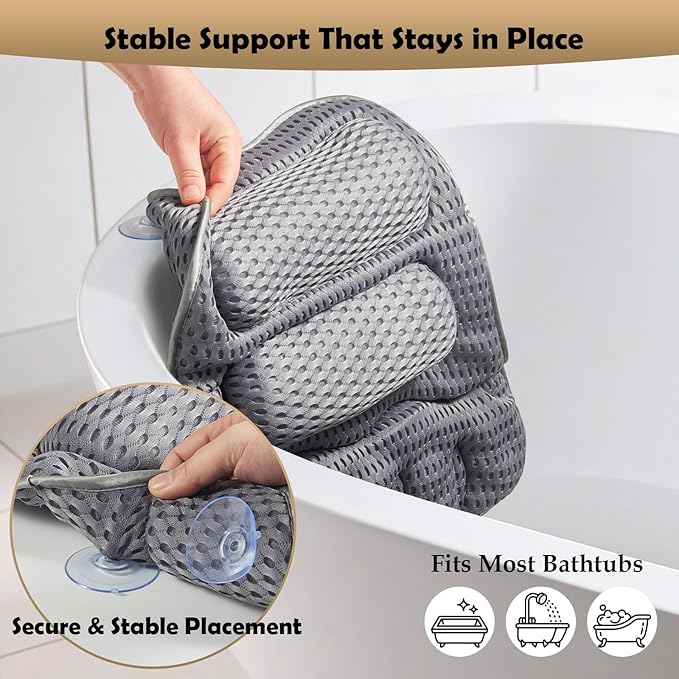 Bath Pillows for Tub, Full-Body Relaxation with Head, Neck & Shoulder Support, Ergonomic Design, 10 Suction Cups, Breathable 4D Air Mesh (Grey)