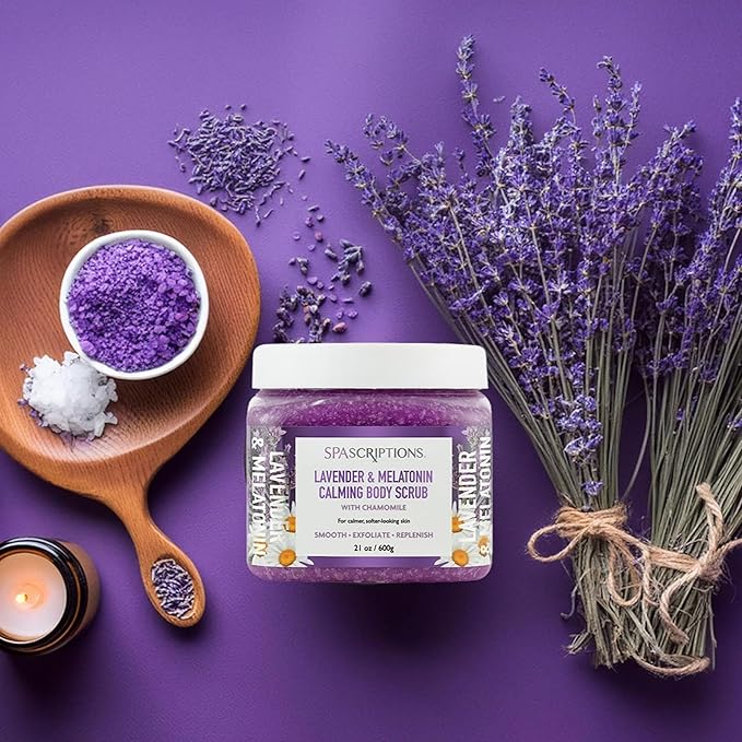 SpaScriptions Lavender & Melatonin Sugar Scrub - Calming Body Scrub Exfoliator With Chamomile, Ideal for Stress Relief & Nighttime Relaxation, Helps Support Smooth, Comfortable, & Balanced Skin, 21 oz